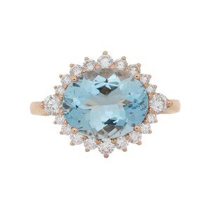 East-West 3.13ct Oval Aquamarine Ring in 14k Rose Gold with Diamond Halo